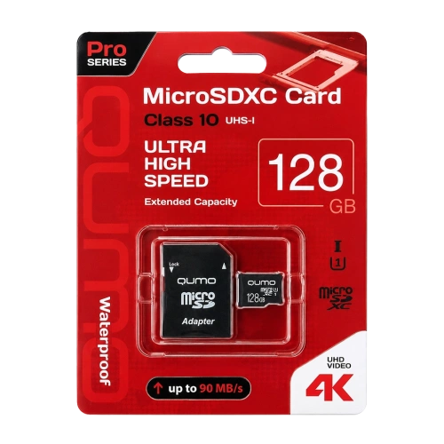 Карта памяти MicroSD 128GB Class 10 UHS-I с адаптером Qumo 
