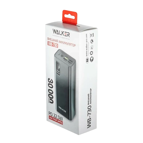 Портативное ЗУ QС3.0+PD 30 000 мАч Walker WB-730 черное 