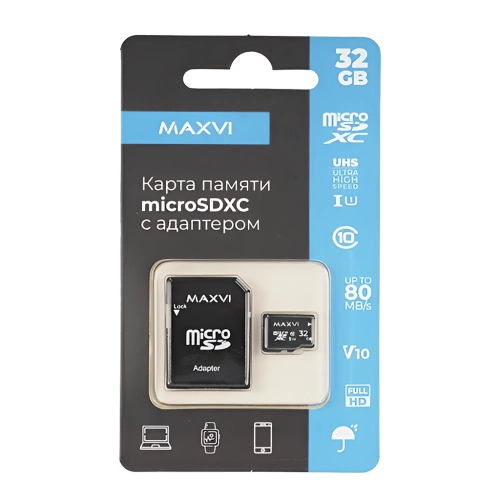 Карта памяти microSD 32GB Class 10 UHS-I с адаптером Maxvi 