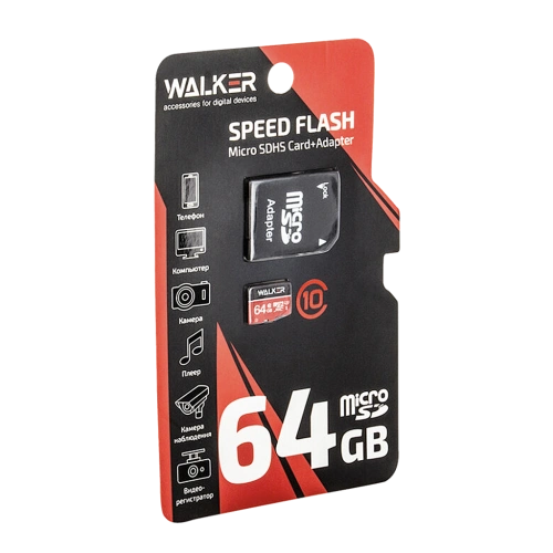 Карта памяти microSD 64GB Class 10 UHS-I с адаптером Walker 