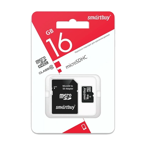 Карта памяти MicroSD 16GB Class 10 с адаптером Smart Buy 